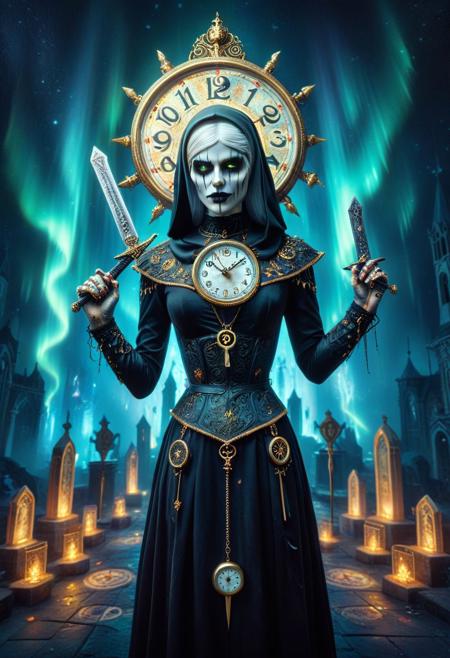 cstatuesdxl, morph-aurora, alabaster statue of 1girl, full body, emo makeup, short hairs, veil, black nun outfit chocker with gold clock in it, clock  embroidery, vampire fangs, long sharp claws, psychadelic aurora light,
,hair accesory, holding clock-graved sword,  broken surreal , cultist temple background, horror themed, bokeh,