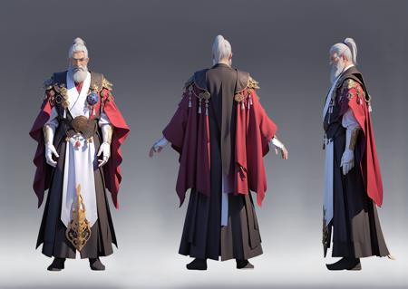 Back, front, side, multiple views, game characters, East Asian character design, hanging ornaments, tassels, gloves, fingerless gloves, 1boy, male focus, facial hair, white hair, standing, beard, gradient, gradient background, cape, robe, old, grey background, ponytail, full body, old man<lora:Triple view:1>