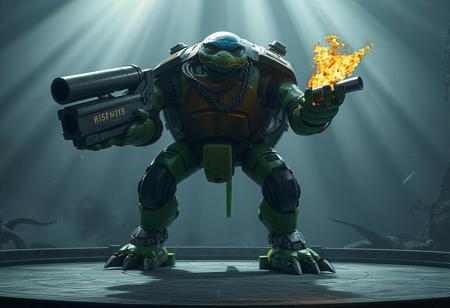 Giant Turtle Who Feeds on Flames robot from TMNT, green and blue, large left arm gun, smaller right arm gun, blue helmet, dynamic action pose, standing on gray platform, Island Turtle background. Highly detailed, intricate, cinematic lighting, godrays, dim ambient light. Octane Render, Unreal Engine 5, Houdini Style elements, Splash Ink Illustration influence, Matte Painting, concept art, digital painting. Impeccable composition, creative angle, Golden Ratio. 8k, trending on Artstation, CGSociety.
