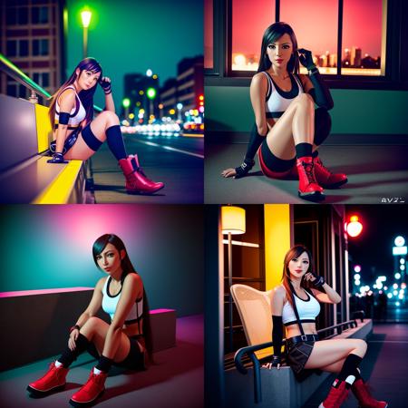 <lora:aivazay1-000020:1>,(aivaz:1.3),tifa lockhart, final fantasy vii remake, 1girl, ankle boots, black hair, black skirt, black thighhighs, boots, breasts, cityscape, crop top, elbow gloves, elbow pads, fingerless gloves, full body, gloves, head rest, lips, long hair, looking at viewer, low-tied long hair, medium breasts, nose, red eyes, red footwear, signature, single elbow pad, sitting, skirt, solo, sports bra, suspender skirt, suspenders, tank top, thighhighs, white tank top, midgar, green light, night, yellow flowers, ((((masterpiece))))<lora:tifaLockhartAllOutfits_v1:0.6>