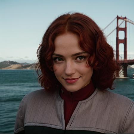 (ds9st black and red:1.2) uniform, masterpiece, realistic, extreme detail, 8k resolution, 1girl, cowboy photograph, 25-y.o. beautiful woman, (curly red hair:1.5), slim, toned, brown eyes, tanned skin, dark makeup, detailed skin, smile, (looking at camera:1.3), in front of the golden gate bridge, 35mm, kodak portra 400, focus on eyes  <lora:Ds9Divi:0.8>  <lora:epiCRealismHelper:1>