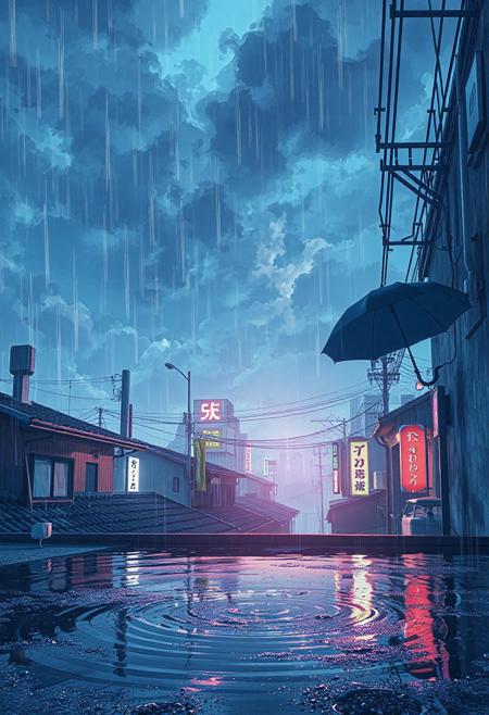Vertical cinematic anime view, rooftops of a quiet Tokyo district during a light animated rain, puddle ripples shimmering with soft reflections of neon signs, clouds drifting dramatically above, occasional light flicker from behind thick formations, umbrella sways slightly from the breeze, soft blue and violet tones dominate, hyper-detailed.