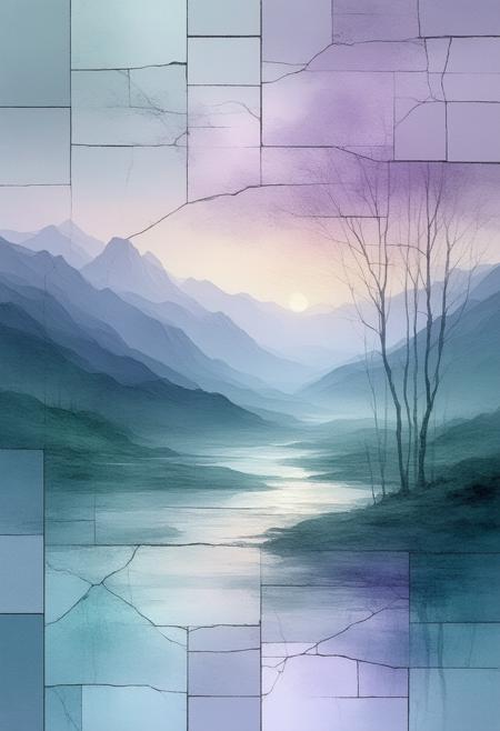An ethereal and dreamlike depiction of a watercolor landscape, rendered in a fractured, stained-glass Cubist style. The scene shatters into geometric shards, revealing fragmented perspectives of rolling hills, a distant river reflecting a pastel sky, and a sense of boundless tranquility, all bathed in a soft, otherworldly glow. The palette utilizes delicate washes of lavender, pale turquoise, and rose quartz, punctuated by bold black outlines and a subtle, inner luminescence that seems to emanate from the landscape itself. Photorealistic details of the waterâs reflections, the foliage's subtle variations in color, and the distant mountains' jagged peaks harmonize with the abstract fragmentation, creating a captivating vision of a dreamscape. Ultra detailed, 8k resolution, volumetric lighting, octane render, emphasizing the interplay of light and shadow and a sense of serene wonder.