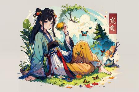 masterpiece, best quality, <lora:hanfu:1>,hanfukozue, 1girl, black hair, bug, butterfly, barefoot, solo, hair ornament, sitting, hanfu, chinese clothes, anklet, leaf, fruit, jewelry, white background, long sleeves, simple background, food, grapes, full body, single hair bun, holding, hair stick, wide sleeves, hair bun, smile, yokozuwari, looking at viewer, long hair, closed mouth, hand up, flower, holding leaf, on floor