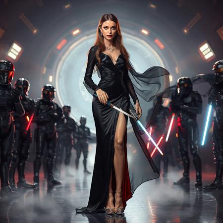 slender arrogant cold femme fatal russian princess  wearing   black glossy satin high slit gown with red lining,  small size opulent glossy high heels,  ultrathin black  transparent slime cloak, jewels, elegant small light saber, posing  standing,  evil grin, green eyes, lipstick, giant portal to outer space, fog from the floor, empire spaceship hangar, surrounded by halo odst troopers, TIE spaceships  at the background, fashion look, hollywood, vogue makeup, porcelain skin, long haired, ultrathin waisym reminiscent of Lucas,  Spielberg styles, with close-up glamour photography, glossy satin and silver heels glistening, fleshy slime dripping, and dark shadows.