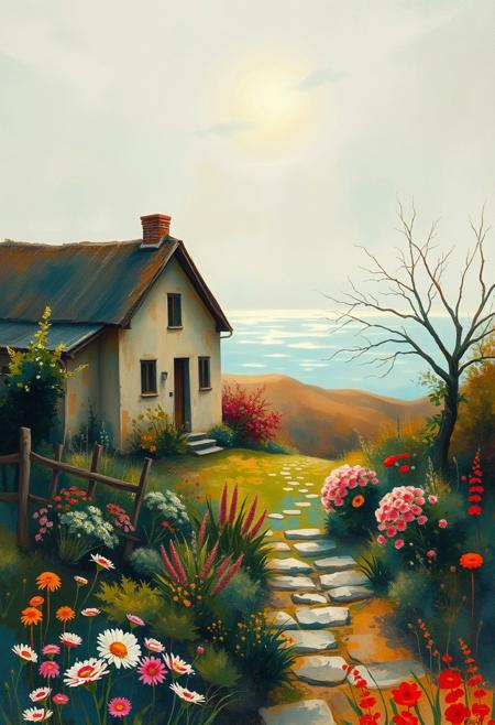 A rural cottage scene rendered in soft earth tones, while the surrounding garden blooms in surreal, almost electric colors with a folkloric rhythm., Romantic landscape painting, atmospheric seascapes, soft luminous lighting, watercolor textures, Rayonist abstraction, radiant color streaks, early modernist influence, experimental composition, expressive brushwork, subtle detail, folk art elements, dynamic light refraction, misty horizons, bold color accents, 19th century romanticism, 20th century avant-garde, coastal scenes with abstract light, poetic naturalism, layered impressionism