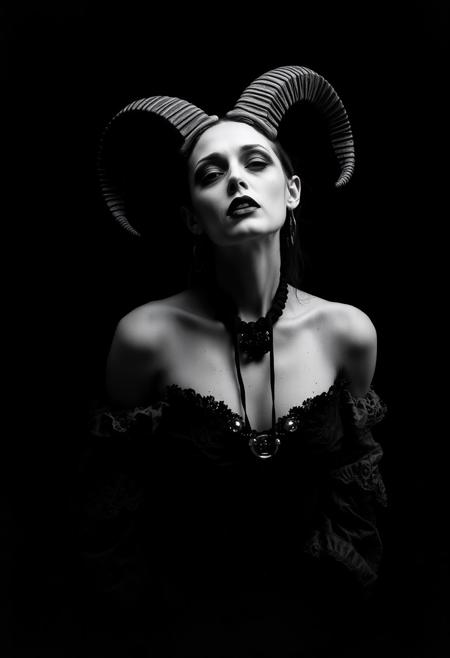 Anna Varney Cantodea with goat horns, Sopor Aeternus and the Ensemble of Shadows, studio photography style, top hard light, black and white vintage photography, gothic, doom, mysterious, dark environment, dust, ashes