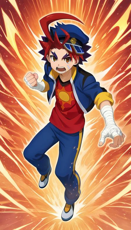 gao mikado, peaked cap, blue cropped jacket, red t-shirt, bandaged arm