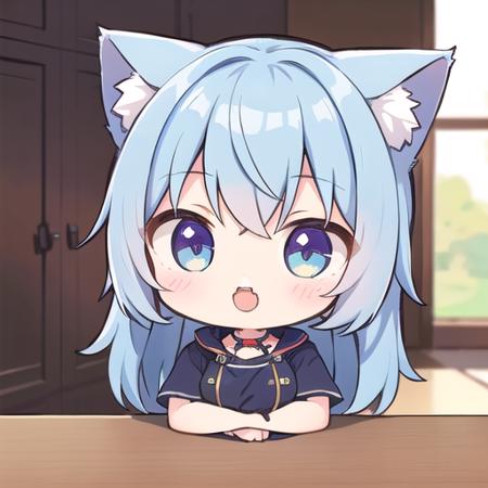 <lora:talkmouth_U_v100:1> open mouth, (front view,:1.4) cat ear, 1girl, (chibi:1.4), smile, closed mouth, upper body, standing, , blue hair, indoors