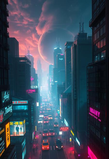 Gravity has disappeared in the cyberpunk night city and everything starts to rise into the air, a bird's-eye view,
