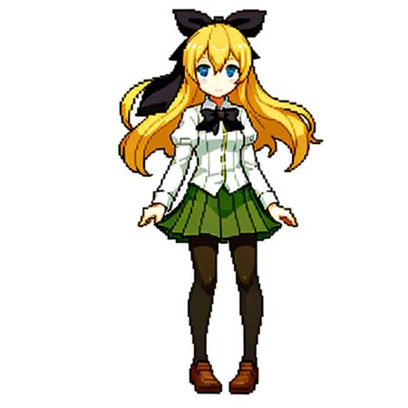 masterpiece, highest quality, best quality, 1girl, solo, looking at viewer,
satou lilly, blind, blue eyes, black bow, blush, hair between eyes, hair blowing, katawa shoujo, long hair, pantyhose, school uniform, skirt, blonde hair, green skirt,   <lora:my_SatouLilly_v1:0.6>
pixel  <lora:pixel_f2:0.5>