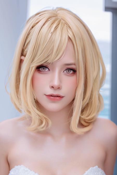 (wedding dress :1.5 ), 1girl,( looking at viewer),(FACE FOCUS:1.3), (blonde hair:1.5), 
(floating hair:1.5), (closed mouth), high definition,
best quality, ultra high res, (photorealistic:1.5),(Skin reflection:1.3), RAW photo,physically-based rendering,
shiny skin,
curvy,