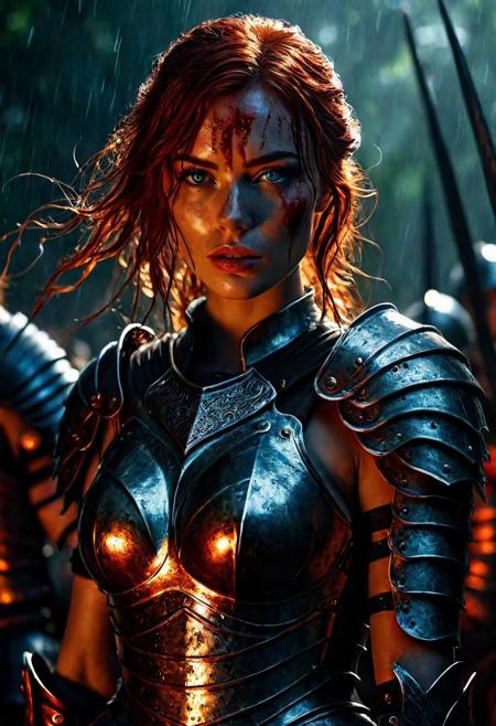 Ultra detailed digital art masterpiece Warrior girl dressed in a iron Armor and red mini skirt, Standing on a battlefield at the head of an army of knights, where a bloody slaughter is taking place, standing in battle pose, a dark epic fantasy, perfect lighting, beautiful Sadie Sink as Warrior girl, attractive woman, elegant, beautiful woman of athletic body,  epic shot of the whole Warrior girl, unreal engine 5 nanite quality, dark fantasy, dark environment, very stormy day, LOTR style, dark washed out eyeliner, no make up, natural bloody pale face, realistic blue eyes, ultra detailed atmospheric details, beautiful glowing effects, sparkle effects, realistic body proportions, beautiful face proportions, complex masterpiece, wavy red hair, creative glowing detailed tattoos, complex physics, enhanced colors, complimentary colors, ultra detailed raytracing reflections, Ultra detailed complex background, environment feels alive, direct eye contact, dramatic lighting, wet and sweaty skin, beautiful firm Breasts, Daylight, Concept art by Greg Rutkowski, adding to the intense and dynamic atmosphere of the scene.