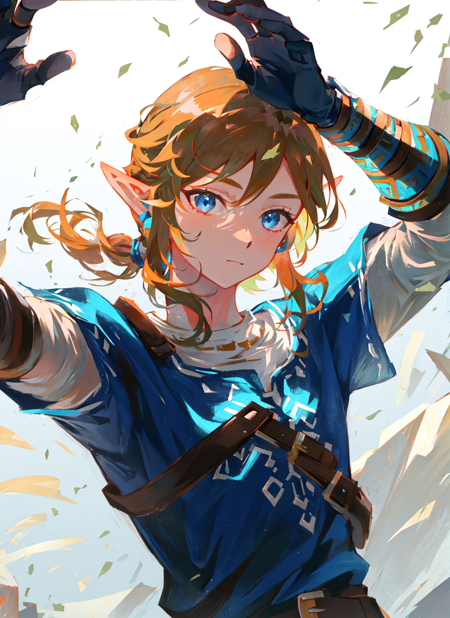 link, the legend of zelda, the legend of zelda: breath of the wild, 1boy, blonde hair, blue eyes, gloves, long hair, male focus, pointy ears, ponytail, solo,  ((masterpiece)) <lora:link_offset:1>