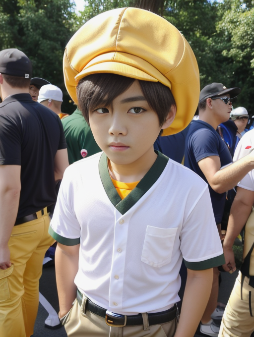 best quality, masterpiece, highres, detailed, perfect anatomy,  <lora:Detail - add_detail:0.2>,  HimiTomoki, 1boy, white shirt, big-orange-hat, baseball cap,  green eyes, cargo pants, cosplay convention, cosplay, <lora:HimiTomoki-07:0.8>, yellow pants, adult, acting cool,