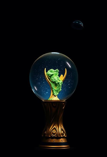 Against a dark background, inside the crystal ball of a golden World Cup trophy was an unreal world. In the deep blue night sky, dotted with stars, a small UFO stopped in the distant sky.