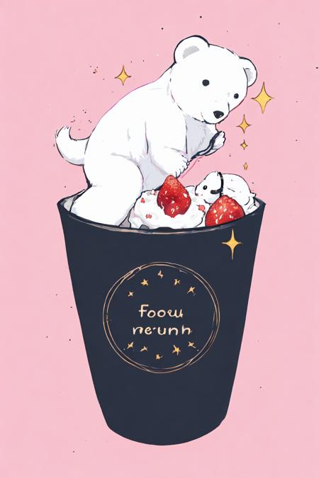 food focus, no humans, food, polar bear, simple background, signature, pink background, bear, fruit, bird, english text, cup, sparkle, pink theme, artist name