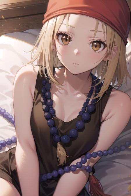 anna kyouyama, blonde hair, short hair, (brown eyes:1.5), bandana, beads, black dress, dress, prayer beads,