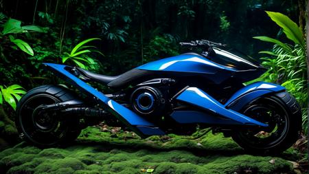 black and black science fiction hovering racing motorbike in a lush jungle, science fiction, cinematic lighting, night time, volumetric light, imax, dslr, highly detailed, volumetric fog, dystopian vibes, dutch angle, cinematic angle