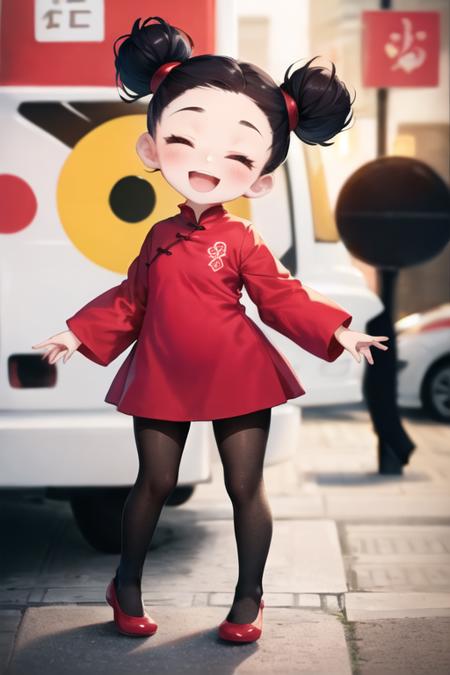 chibi, pucca, double bun, red dress, chinese clothes, black pantyhose, closed eyes, :d  <lora:pucca-000003:1>