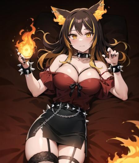 best quality, anime illustration, digital painting, sinder, looking at viewer, on back, lying, closed mouth, 1girl, yellow eyes, wolf girl, long brown two-toned streaked hair+swept bangs and sidelocks, fiery wolf ears and flame-tipped wolf tail, orange tail, ear piercing, bare shoulders, cleavage, collarbone, off-shoulder shirt with a black bow, (spiked belt, spiked bracelet, spiked choker, spiked collar:1.3), nails, black nail polish, black pencil skirt+skirt slit, thighs, asymmetrical legwear:fishnets thighhighs+black thighhighs, thigh strap, legwear garter, fire+flames and embers, finely detailed background, amazing background