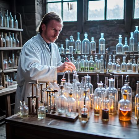 <lora:RPGLabsXL:0.77> lab assistant, realistic, depth of field, indoors, bottle, window, beakers, glowing glass pipes,