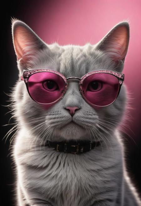(best quality, 8K, high resolution, masterpiece), ultra detailed, (3D CGI), a beautiful pair of sunglasses, trendy, fashionable, pink, silver and black stylized Cat-eye shape, on a black background, countryside advertising, winning photo,