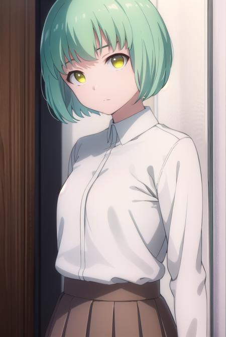 yukikusakabe, <lora:yuki kusakabe s1-lora-nochekaiser:1>,
yuki kusakabe, short hair, (yellow eyes:1.2), green hair,
BREAK skirt, shirt, school uniform, white shirt, pleated skirt, brown skirt,
BREAK indoors, classroom,
BREAK looking at viewer,
BREAK <lyco:GoodHands-beta2:1>, (masterpiece:1.2), best quality, high resolution, unity 8k wallpaper, (illustration:0.8), (beautiful detailed eyes:1.6), extremely detailed face, perfect lighting, extremely detailed CG, (perfect hands, perfect anatomy),