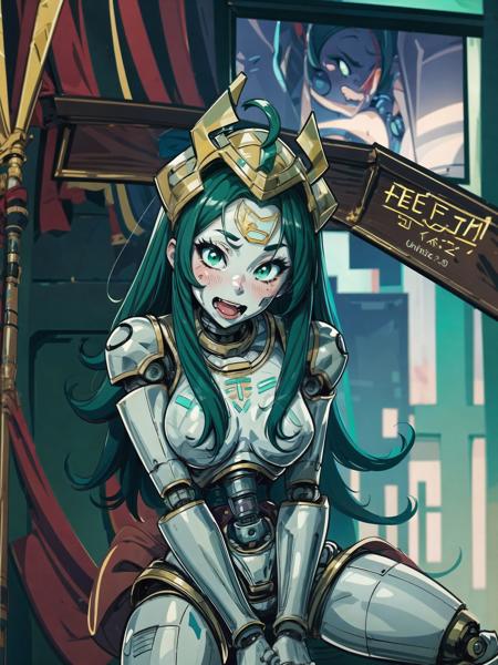 1girl, robotic, green eyes, necron, long green hair, ahoge, standing, sexy pose, cowboy shot, spread legs, (((lewd))), blush, (((ahegao)))
<lora:necron_girl_v1:0.75>,
 <lora:more_details:0.45>,, (masterpiece:1.4, best quality:1.4), ultra-detailed, illustration, (high resolution), Best background details, (Best character details:1.3)