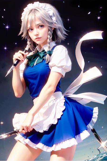 izayoi sakuya 1girl,blue eyes, maid headdress, braid, grey hair, maid, twin braids, short hair, wrist cuffs, bow, hair bow,  short sleeves, ribbon, apron,