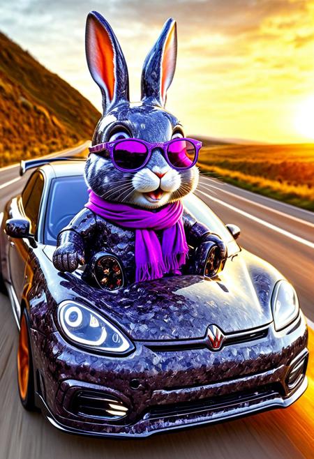 forged carbon style, Absurd rabbit sitting in a vintage car. The rabbit is small and chubby, with big, expressive eyes and a wide, friendly smile. It wears oversized purple sunglasses and a matching purple scarf. The car is classic and rounded, with visible details such as headlights and wheels. The background is the highway. The lighting is bright and cheerful, highlighting the rabbit and the car. The style is cute and whimsical, with exaggerated features and vibrant colors. The overall atmosphere is playful and fun. Detailed forged carbon texture,<lora:aidmaFLuxPro1.1_v0.3_IL:0.8> aidmafluxpro1.1