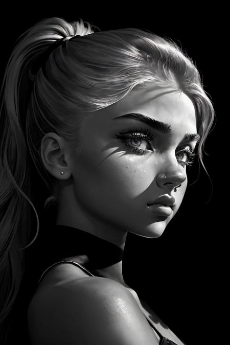 shadow art style, silhouette, monochrome, contrast, detailed <lora:MaddieFrancessca_v1:.9> MaddieFrancessca, focus on eyes, close up on face, pouting, wearing jewelry, hair styled cascading ponytail