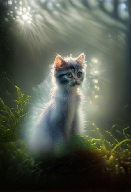 masterpiece, highest quality, a kitten made of fog, natural light, (sunrays), greenery, animal focus, no humans, TheWeirdies