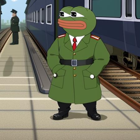 pepe_frog, hitler as midget standing in train station, portrait, artstation, concept art by greg rutkowsk , by studio ghibli , cartoon,