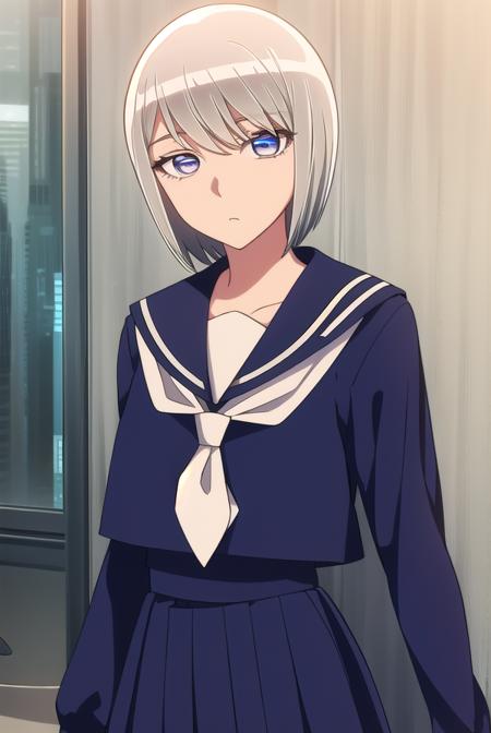 eleonore, short hair, white hair, (white  eyes:1.5), skirt, school uniform, serafuku, socks, blue shirt, blue skirt, white necktie, long sleeves, bare shoulders, sleeveless, belt, pants, crop top, denim, jeans, necktie, collared shirt,  navel, midriff, collar, sports bra, pants,