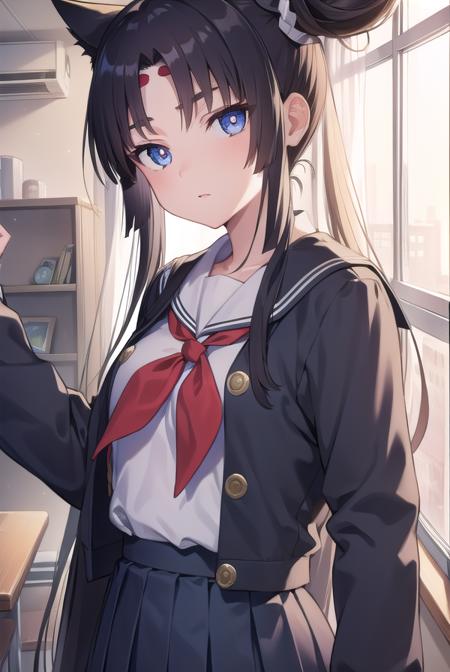 ushiwakamaru, <lyco:ushiwakamaru-lyco-nochekaiser:1>, 
ushiwakamaru, black hair, blue eyes, long hair, side ponytail, sidelocks, parted bangs, (small breast:1.2), hair bun, single bun, side bun,
BREAK school uniform, serafuku, skirt, pleated skirt,
BREAK looking at viewer,
BREAK indoors, classroom,
BREAK <lyco:GoodHands-beta2:1>, (masterpiece:1.2), best quality, high resolution, unity 8k wallpaper, (illustration:0.8), (beautiful detailed eyes:1.6), extremely detailed face, perfect lighting, extremely detailed CG, (perfect hands, perfect anatomy),