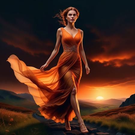Ultra realistic color pencil  image a beautiful woman running through the Scottish highlands in a very long flowing cocktail dress, in the sunset,
BREAK
Deep dark intense dark orange-brown misty background, Dark theme, dynamic lighting, (soft shadows), (soft focus), (photo realistic), uhd, 8k