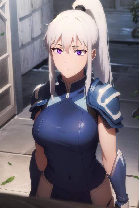 luna, ponytail, white hair, (purple eyes:1.1), armor, helmet,