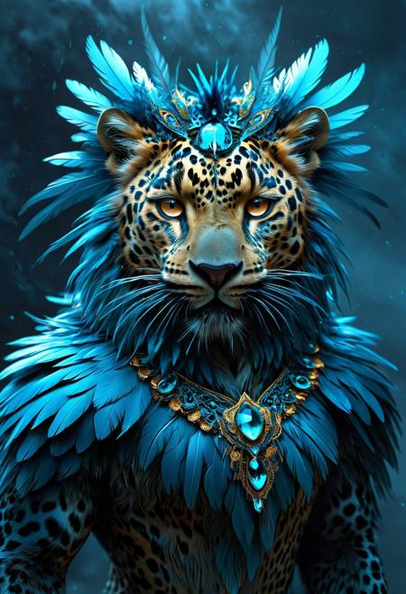 A hauntingly fused creature combines the body of a magnificent macan, an Asian leopard, with the head and wings of a burung jalak, a striking blue bird. This surreal being is set against a dark, misty backdrop, illuminated by subtle, eerie lighting that highlights the sharp, angular features of the macan's face and the vibrant, expressive eyes of the jalak. Its feathers are ruffled, and its beak is open in a silent scream, as if protesting against this unnatural amalgamation. The sleek fur of the macan merges seamlessly with the jalak's iridescent feathers, creating a disconcerting contrast that evokes a sense of dread and unease.