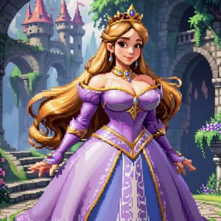 Create a character in a cartoon-style video game: a princess with a well-proportioned, curvaceous figure. She should radiate regal elegance and charm, with flowing hair and a beaming smile. Her attire is royal and enchanting, capturing the essence of fantasy. The environment around her is whimsical and vibrant, reflecting the magical realm she reigns over, <lora:pixelgirl2:0.8>