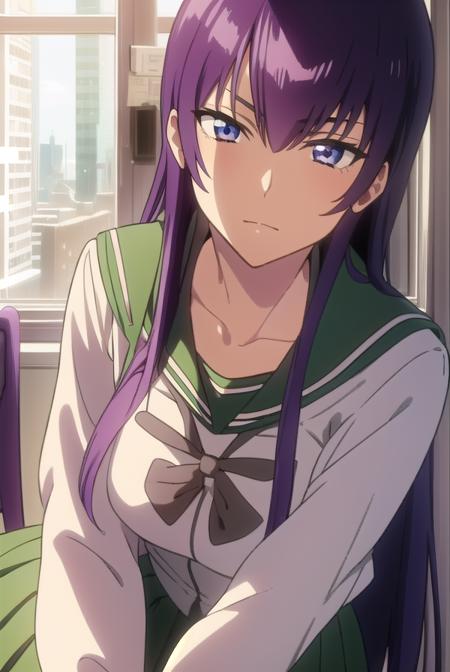 saekobusujima, <lyco:saekobusujima-LYCORIStest:1>,
saeko busujima, long hair, purple hair, (purple eyes:1.1), hair between eyes,
BREAK skirt, long sleeves, bow, school uniform, serafuku, green skirt,
BREAK looking at viewer,
BREAK indoors, classroom,
BREAK <lora:GoodHands-vanilla:1>, (masterpiece:1.2), best quality, high resolution, unity 8k wallpaper, (illustration:0.8), (beautiful detailed eyes:1.6), extremely detailed face, perfect lighting, extremely detailed CG, (perfect hands, perfect anatomy),