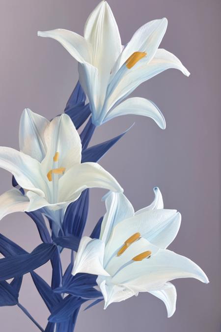 white flower, Madonna lily, in the style of white and light azure, dreamy and romantic compositions, light azure and amber, ethereal foliage, playful arrangements,