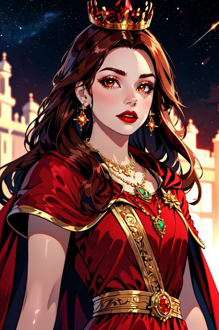 Regality Style, Regality Style, 1girl, blurry, blurry background, bracelet, brown eyes, brown hair, cape, crown, dress, earrings, gem, jewelry, long hair, looking at viewer, necklace, parted lips, red cape, red dress, red gemstone, red lips, ring, solo, starry sky print