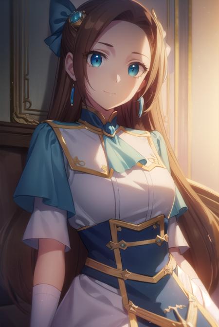 catarinaclaes, <lora:catarina claes s2-lora-nochekaiser:1>,
catarina claes, long hair, bangs, brown hair, blue eyes, asymmetrical bangs, smile,
BREAK hair ornament, gloves, dress, bow, jewelry, jacket, short sleeves, hair bow, earrings, white gloves, bracelet, ascot, blue dress, blue bow, brooch, high collar, long dress, blue ascot,
BREAK indoors,
BREAK looking at viewer, (cowboy shot:1.5),
BREAK <lyco:GoodHands-beta2:1>, (masterpiece:1.2), best quality, high resolution, unity 8k wallpaper, (illustration:0.8), (beautiful detailed eyes:1.6), extremely detailed face, perfect lighting, extremely detailed CG, (perfect hands, perfect anatomy),