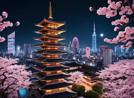 realistic photograph,futuristic dystopian city skyline,night,(buddhist temple:1.2),pagoda,glass skyscrapers,modern architecture,sakura,