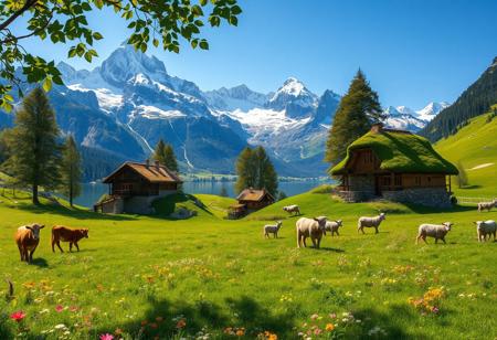 Ultra realism, high quality, high resolution 8K and above, stable and accurate focus, ultra correct anatomy, super detail. A beautiful mountain scene with tall snow-capped peaks reflected in a crystal clear lake. In the foreground are green meadows dotted with wild flowers of various colors. Included in the landscape are houses built of stone and wood, architecturally designed to blend in with nature. The roofs of the houses are covered with thick grass and colorful flowers. Cows roam the meadow, and a flock of sheep, led by shepherd dogs, graze around. The trees around the houses are tall and green, with leaves that cast shadows on the houses. The sunlight illuminates the landscape, creating a warm and welcoming atmosphere.