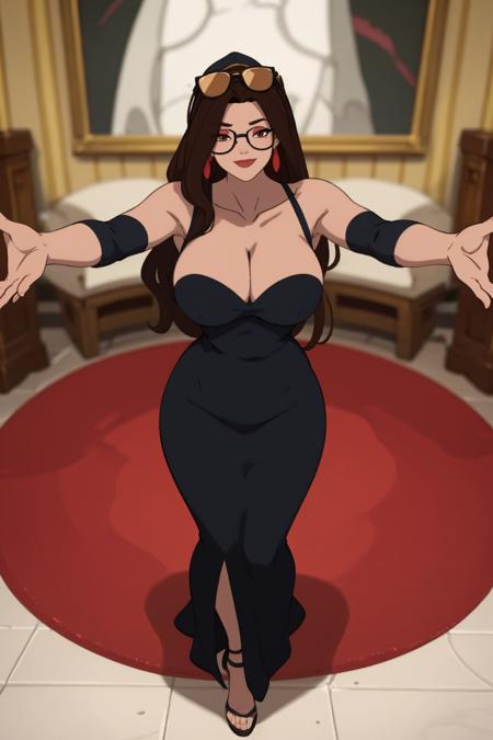 (masterpiece, best quality:1.2), <lora:discreenvision:1>, discreenvision, 1girl, breasts, black hair, sunglasses, cleavage, dress, black dress, hat, long hair, eyewear on head, brown eyes, solo, smile, looking at viewer, sleeveless dress, sleeveless, silhouette, large breasts, collarbone, bare shoulders, outstretched arms