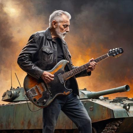 high-resolution oil painting of an old man playing electric guitar while standing on an assault tank, short grey hair, leaning forward, mood confident, dramatic lighting, side view, texture leather jacket, bokeh background