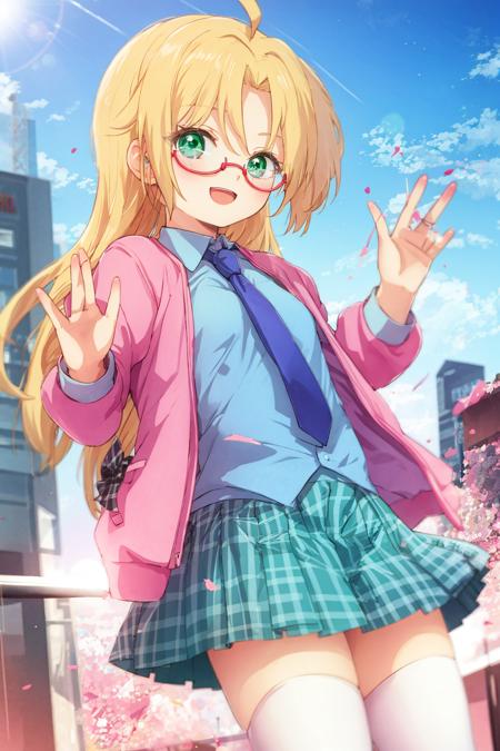 rebeccahawkins, green eyes, blonde hair, long hair, ahoge, bangs, glasses, school uniform, necktie, pink jacket, plaid skirt, skirt, short skirt, zettai ryouiki, :d, standing, city <lora:rebeccahawkins-000005:1>