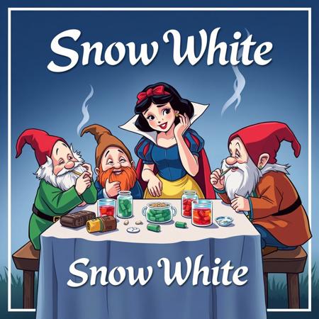 a illustration of a movie poster titled "snow white",snow white parody poster. Snow white and the dwarfs are high and taking drugs on a table